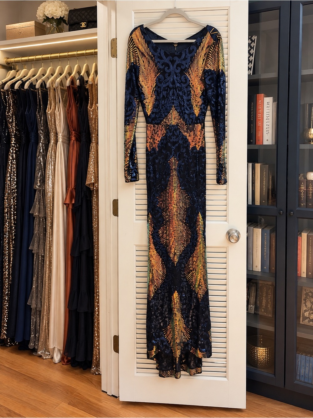 Women's Abstract Maxi Dress in Blue & Gold Like New